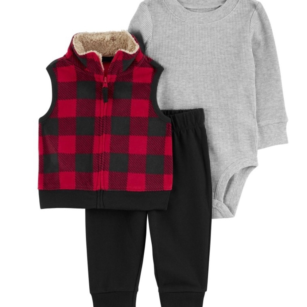 Baby 3-piece Buffalo check Fleece little vest set